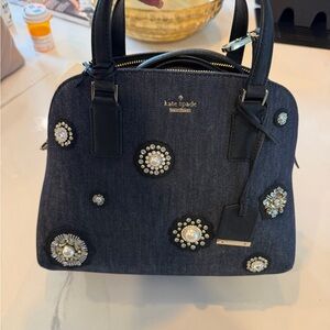 kate spade navy denim satchel with pearl & crystal embellishments